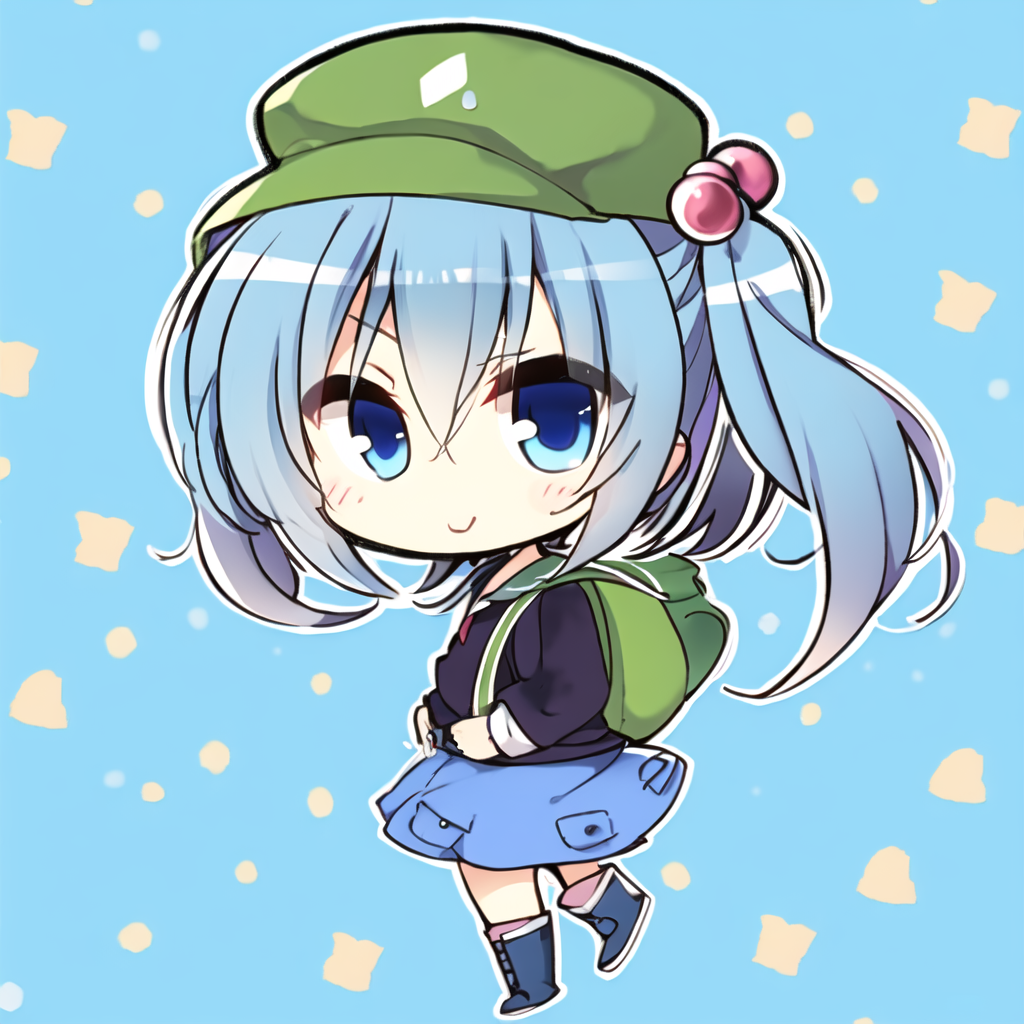 00032-492048392-, chibi, full body,_masterpiece, best quality,_two side up, blue eyes, blue hair,green hat, hair ornament, boots,(pocket),skirt,.png